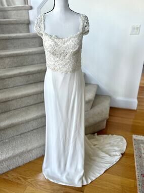 Amy Kuschel White & Cream Beaded Cap Sleeve Satin Sheath Train Wedding Dress
